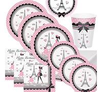 Décorations de fête d'anniversaire 16 invités,réutilisable Ensemble de vaisselle pour fête d'anniversaire Paris Décoration - Rose et blanc - Tour Eiffel, France, voyage, vacances, décoration de table