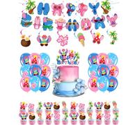 Décorations de fête d'anniversaire Alien de dessin animé - bannière, tourbillons suspendus, ballons, décorations de gâteaux/cupcakes, chien extraterrestre bleu et décorations de fête d'ange