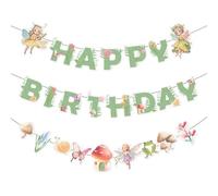 Décorations de fête d'anniversaire, bannière verte « Joyeux anniversaire », bannière de fleurs papillon rose découpée pour première fête prénatale à thème, décoration de jardin, mariage, fournitures