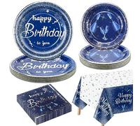 Décorations de fête d'anniversaire bleu marine et argent pour 20 invités, le set de vaisselle bleu marine comprend des assiettes en carton bleues, une nappe Happy Birthday, des serviettes pour la