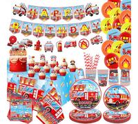 Décorations de fête d'anniversaire camion de pompier pour accessoires de fête de camion de pompier, assiettes, tasses, serviettes, nappe, bannière d'anniversaire, décorations de gâteau