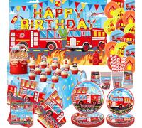 Décorations de fête d'anniversaire camion de pompier pour accessoires de fête de camion de pompier, assiettes, tasses, serviettes, nappe, fond d'anniversaire, ballons de gâteau, décorations pour thème