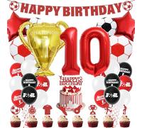 Décorations de fête d'anniversaire de 10e anniversaire - Ballons « Happy Birthday » - Bannière « Happy Birthday » pour garçons, décoration à double chiffres sur le thème du sport rouge pour enfants et