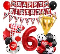 Décorations de fête d'anniversaire de 6e anniversaire - Thème du football rouge pour garçon et fille - Bannière « Happy Birthday » - Trophée en forme de chiffre - Ballons en aluminium - Fournitures de