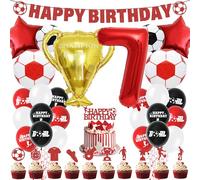 Décorations de fête d'anniversaire de 7e anniversaire - Ballons de football - Bannière « Happy Birthday » pour garçons, décoration sur le thème du sport rouge pour enfants de 7 ans et fans
