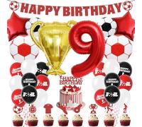 Décorations de fête d'anniversaire de 9e anniversaire - Ballons de football - Bannière « Happy Birthday » pour garçons, décoration sur le thème du sport rouge pour enfants et fans de 9 ans