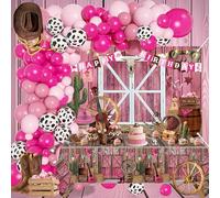 Décorations de fête d'anniversaire de cowgirl pour filles, kit d'arche de ballons roses, bannière « Happy Birthday », toile de fond, centres de table pour femmes et filles