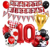 Décorations de fête d'anniversaire de football pour 10e anniversaire - Thème du football rouge pour garçon et fille - Bannière « Happy Birthday » - Trophée en forme de chiffre - Ballons en aluminium