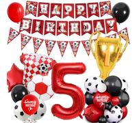Décorations de fête d'anniversaire de football pour 5e anniversaire - Thème du football rouge pour garçon et fille - Bannière « Happy Birthday » - Trophée en forme de chiffre - Ballons en aluminium