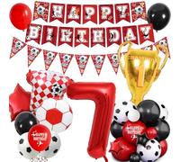 Décorations de fête d'anniversaire de football pour 7e anniversaire - Thème du football rouge pour garçon et fille - Bannière « Happy Birthdy » - Bannière décorative en forme de trophée en aluminium