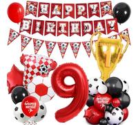 Décorations de fête d'anniversaire de football pour 9e anniversaire - Thème du football rouge pour garçon et fille - Bannière « Happy Birthdy » - Bannière décorative en forme de trophée en aluminium