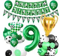 Décorations de fête d'anniversaire de football pour 9e anniversaire - Thème du football vert pour garçon et fille - Bannière « Happy Birthdy » - Bannière décorative en forme de trophée en aluminium