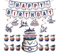 Décorations de fête d'anniversaire de l'armée de l'air, bannière sur le thème du jet de combat, tourbillons à suspendre, décorations de gâteaux et cupcakes, fournitures de fête pilote militaire pour