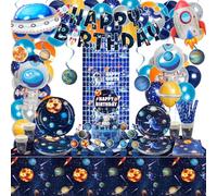 Décorations de fête d'anniversaire de l'espace extra-atmosphérique, comprenant une bannière de happy birthday, une toile de fond, assiettes, ballons, un décor tourbillonnant du l'espace, pour 20