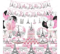 Décorations de fête d'anniversaire de Paris, décoration de fête de la Tour Eiffel, assiettes, tasses, serviettes, nappe, bannière « Happy Birthday », décorations de gâteaux pour décorations de fête
