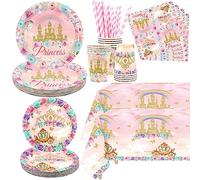 Décorations de fête d'anniversaire de princesse pour 20 invités, y compris assiettes à dîner, assiettes à dessert, tasses, serviettes, nappe, pailles, pour les filles Princesse Anniversaire