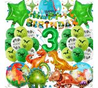 Décorations de fête d'anniversaire dinosaure pour garçons et filles - Ballons en aluminium vert en forme d'étoile en forme de chiffre 3 avec bannière « Happy Birthday » à suspendre pour fournitures de