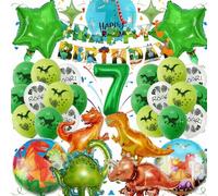 Décorations de fête d'anniversaire dinosaure pour garçons et filles - Ballons en aluminium vert en forme d'étoile en forme de chiffre 7 avec bannière « Happy Birthday » à suspendre pour fournitures de