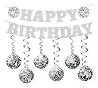 Décorations de fête d'anniversaire disco argentées - Bannière « Happy Birthday » à paillettes des années 70 et 80 à suspendre, guirlande en papier pour fête disco et danse