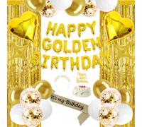 Décorations de fête d'anniversaire dorées comprenant une bannière « Happy Golden Birthday », des rideaux à franges en aluminium, des ballons en latex, une décoration de gâteau, une écharpe, un diadème