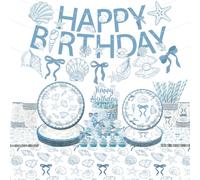 Décorations de fête d'anniversaire en coquillage, 20 invités, décoration d'anniversaire côtière, avec assiettes, gobelets, serviettes, nappe, bannières, décoration de gâteau pour l'été, je