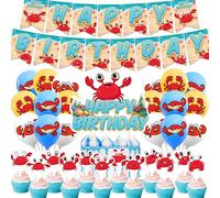 Décorations de fête d'anniversaire en forme de crabe - Fournitures de fête - Comprend une bannière « Happy Birthday » - Ballons - Décoration de gâteau pour fête de crabe, fête de fruits de mer, fête