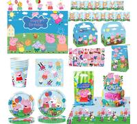 Décorations de fête d'anniversaire Famille Cochon : Nappe, Gobelets, Assiettes, Serviettes, Bannière de fond, Favors de fête Cochon de dessin animé pour Baby Shower BPLZ-61pcs