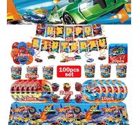 Décorations de fête d'anniversaire Happy Wheels : Gobelets, assiettes, nappes, ballons voiture de course, bannière Joyeux Anniversaire, cadeaux pour enfants et garçons 6pcs spiral