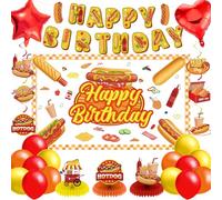 Décorations de fête d'anniversaire Hot Dog - Bannière de fond tourbillons - Pièces maîtresses de ballons, saucisses, hamburgers, barbecue - Décoration rétro pour fête prénatale, adultes et enfants