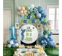 Décorations de fête d'anniversaire pour 1er anniversaire de garçon avec ballons bleus, verts, crèmes, blancs, toile de fond et bannière, grand ballon en aluminium en forme de chiffre 1 pour le thème