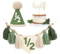 Décorations de fête d'anniversaire pour bébé garçon - Bannière de chaise haute pour 1er anniversaire, chapeau, décoration de gâteau faite à la main (moitié verte)