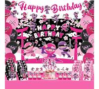 Décorations de fête d'anniversaire pour fille Ninja - Bannière rose « Happy Birthday » - 18 ballons, 12 décorations de cupcakes, 12 sacs à friandises, nappe Ninja Master pour filles, princesse, 1ère