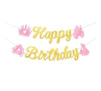 Décorations de fête d'anniversaire pré-enfilées - Rose et doré - Paillettes sur le thème de la princesse - Bannière « Happy Birthday » - Guirlande de décoration de fête prénatale pour fille