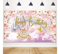 Décorations de fête d'anniversaire princesse - Fournitures de fond sur le thème de la princesse - Bannière pour fille - Fête d'anniversaire - Cadeau doré et rose - Château royal - Carriage - Couronne florale - Photographie - Décoration de table