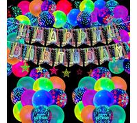 Décorations de fête d'anniversaire qui brillent dans le noir, comprend une bannière Joyeux Anniversaire, des ballons néons, des décorations en forme d'étoiles tourbillonnantes, fournitures lumineuses