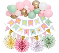 Décorations de fête d'anniversaire rose, bannière « Happy Birthday » pastel, guirlande de ballons avec ruban adhésif pour arche de ballons, fanions et éventails en papier à suspendre, kit de
