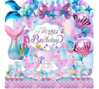 Décorations De Fête D'Anniversaire Sirène, Vaisselle, Assiette, Serviette, Tasse, Nappe Sirène, Toile De Fond « Happy