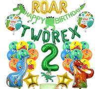 Décorations de fête d'anniversaire sur le thème des animaux - Lot de 37 ballons en aluminium pour décoration de gâteau d'anniversaire sur le thème des animaux - Motif dinosaure ROAR Two Rex