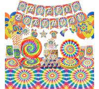 Décorations de fête d'anniversaire tie-dye, comprend une bannière « Happy Birthday », des assiettes, des nappes, des tasses, des ballons et des pailles, pour fête hippie des années 60, pour 20 invités