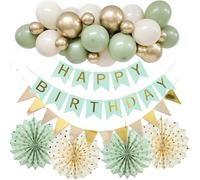Décorations de fête d'anniversaire vert sauge, bannière « Happy Birthday », guirlande de ballons verts et dorés avec ruban adhésif pour arche de ballons, fanions et éventails en papier à suspendre,