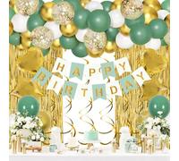 Décorations de fête d'anniversaire vert sauge, kit d'arche de ballons, bannière « Happy Birthday », rideau à franges brillantes, ballons en aluminium en forme de cœur, étoiles, tourbillons à