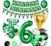 Décorations de fête de 6e anniversaire de football - Thème du football vert pour garçon et fille - Bannière « Happy Birthdy » - Bannière décorative en forme de trophée en aluminium - Ballons en