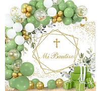 Décorations de fête de baptême verdure avec inscription « God Bless » - Toile de fond verte et dorée - Décorations de première communion pour garçons et filles - Kit de guirlande de ballons pour fête