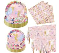 Décorations de fête de fée - Assiettes en carton motif floral et papillon rose - Nappes à fleurs pour princesse, fournitures de fête féériques, service 40