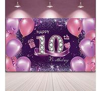 Décorations De Fête De Joyeux Anniversaire - Toile De Fond 10ème Grand Tissu Rose Violet avec Corde, 72,8 x 43,3 Pouces