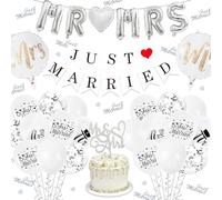 Décorations de fête de mariage « Just Married » - Fournitures de fête « Just Married » - Comprend une bannière Mr & Mrs Ballons en latex - Confettis argentés pour mariage, fiançailles, fête