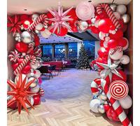 Décorations de fête de Noël - Kit de guirlande de ballons en latex rouge et rose avec ballons argentés métallisés rouges et étoiles roses - Ballons en Mylar pour fêtes de Noël