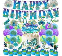 Décorations de fête de paon coloré Fournitures de fête de paon Zoo Bird Thème Décorations de fête avec paon joyeux anniversaire Bannière Hanging Swirls Gâteau Cupcake Toppers Ballons