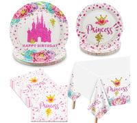 Décorations de fête de princesse - Décorations de château comprenant des assiettes en papier, des serviettes et une nappe rose pour fête prénatale - Fournitures de fête d'anniversaire - Pour 20