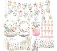 Décorations de fête de printemps avec fleurs sauvages - 20 invités - Comprend assiettes, gobelets, serviettes, nappe, bannière, décoration de gâteau, tourbillons à suspendre pour décorations florales